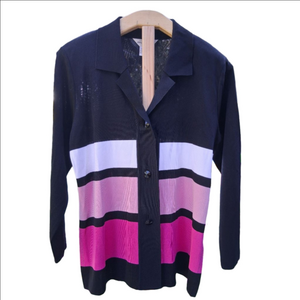 Women's Misook Petite SP Striped Cardigan Black, Pink & White EUC